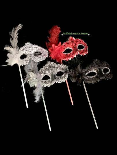 1pc Women's Multi-Color Rhinestone & Faux Ostrich Feather Decor Side Flower Half-Face Mysterious Sexy Masquerade Ball Faux Feather Handheld Mask With Handle, Suitable For Various Festivals, Parties, Balls And Performances Valentine's Day Valentines Halloween