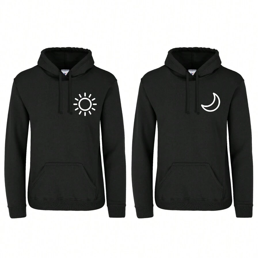 Sun And Moon Couple Sweatshirts Fully Customized Any Design - 黑色 - 查看 1