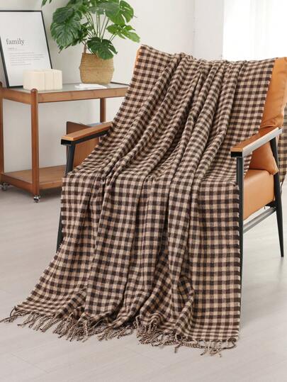 1pc Small Square Checkered Woven Sofa Blanket, Casual Style Polyester Rectangular Tassel Throw For Nap Or Daily Use At Office