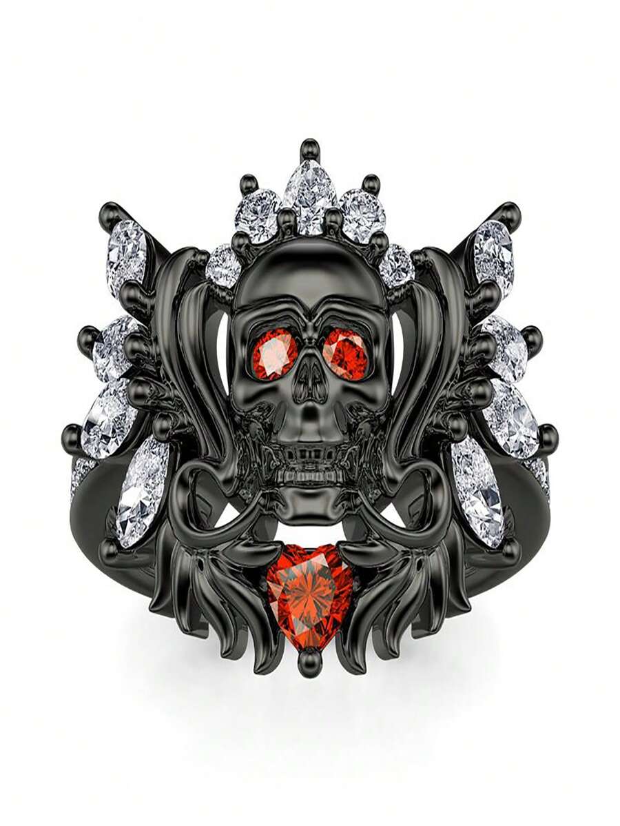Nhẫn đính hôn hình trái tim xương phong cách Gothic độc đáo - Nhẫn cưới khảm Cubic Zirconia - Quà tặng kỷ niệm - Món quà hoàn hảo cho cặp đôi - màu đen - Xem 1