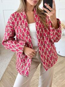 Women Winter Padded Jacket Vintage Print Open Front Quilted Long Sleeve Coat Cardigan - Red - View 3