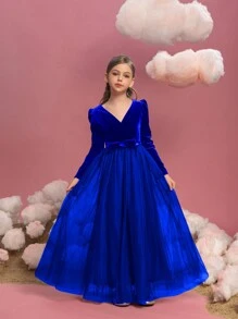 青少年女孩天鹅绒蝴蝶结装饰和网眼拼接长袖派对连衣裙