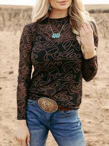 CILKOO Western Cowboy Print Turtleneck Long Sleeve Mesh Top, Spring - Black - View 4