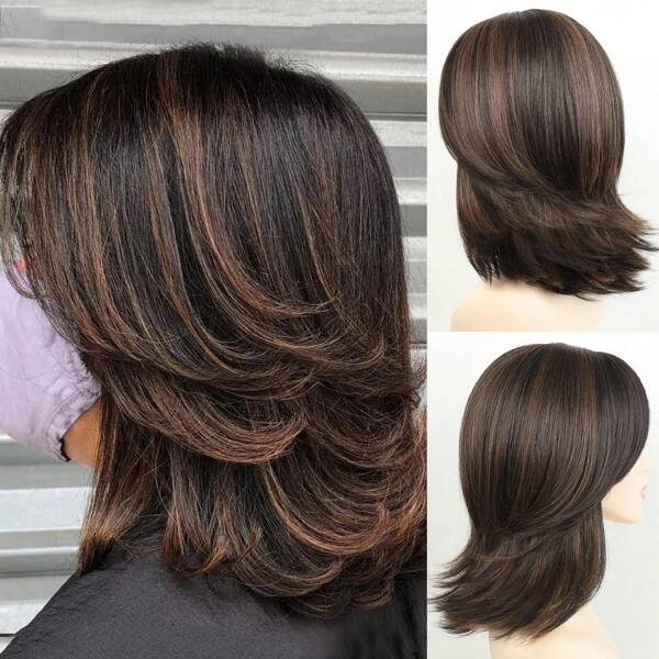 Brown Layered Bob Wigs With Bangs Short Dark Brown Wavy Wigs For White Women Synthetic Hair Medium Length Wigs With Highlights For Daily Party, Halloween, Cosplay