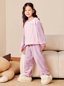 mini bala Boys' And Girls' Double-Sided Fleece Homewear Pajama Set Baby Thick Pajamas Winter Collection - Pink - View 5