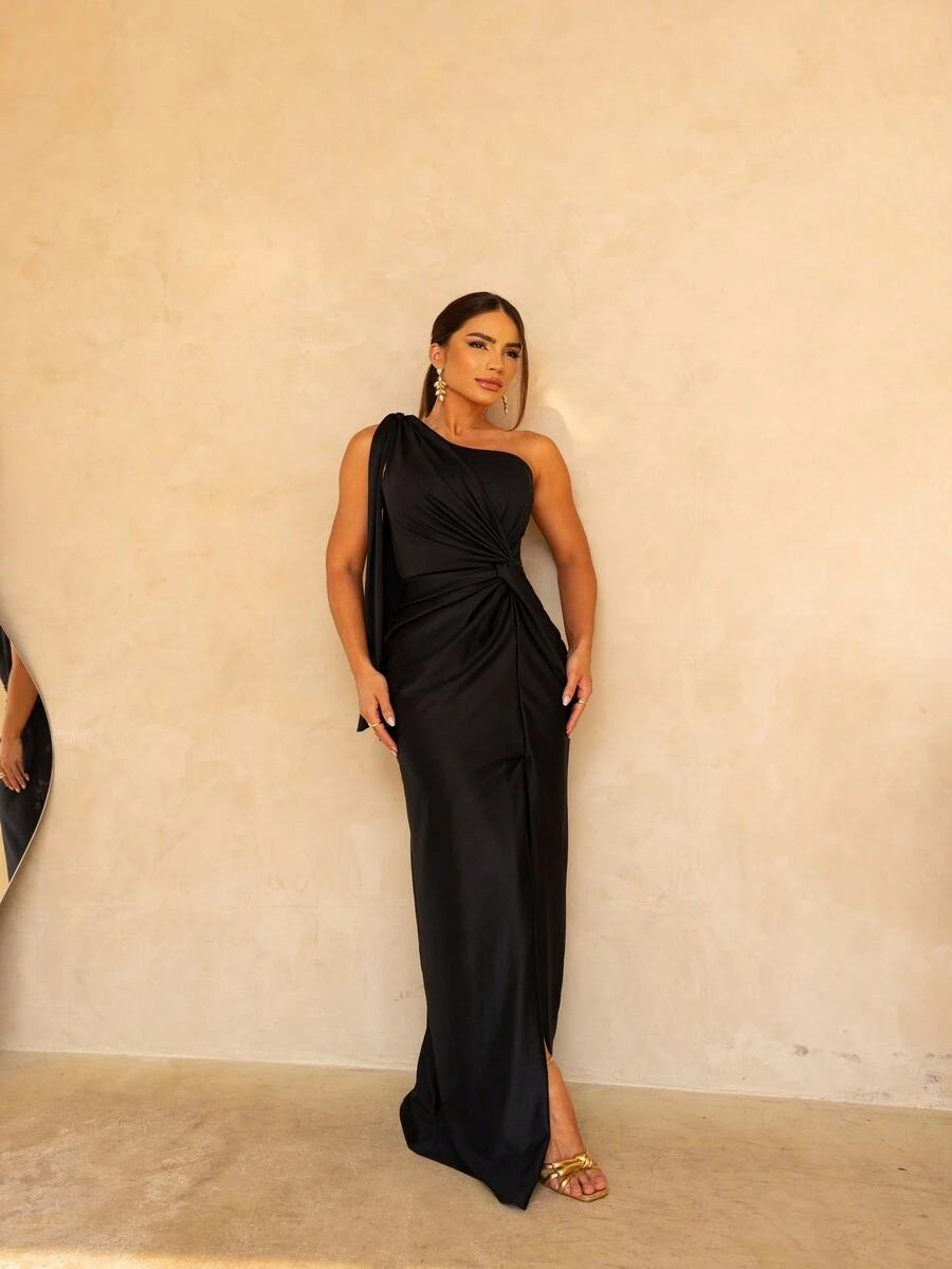 Women's Long Bridesmaid Party Dress With Scoop Neckline And Slit Elegant 2025 - 黑色 - 查看 1