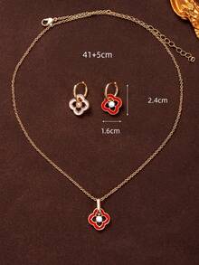 1 套欧美风格复古新中国风珐琅四叶草花卉圆形吊坠耳环链项链优雅女士珠宝 - 彩色 - 查看 6