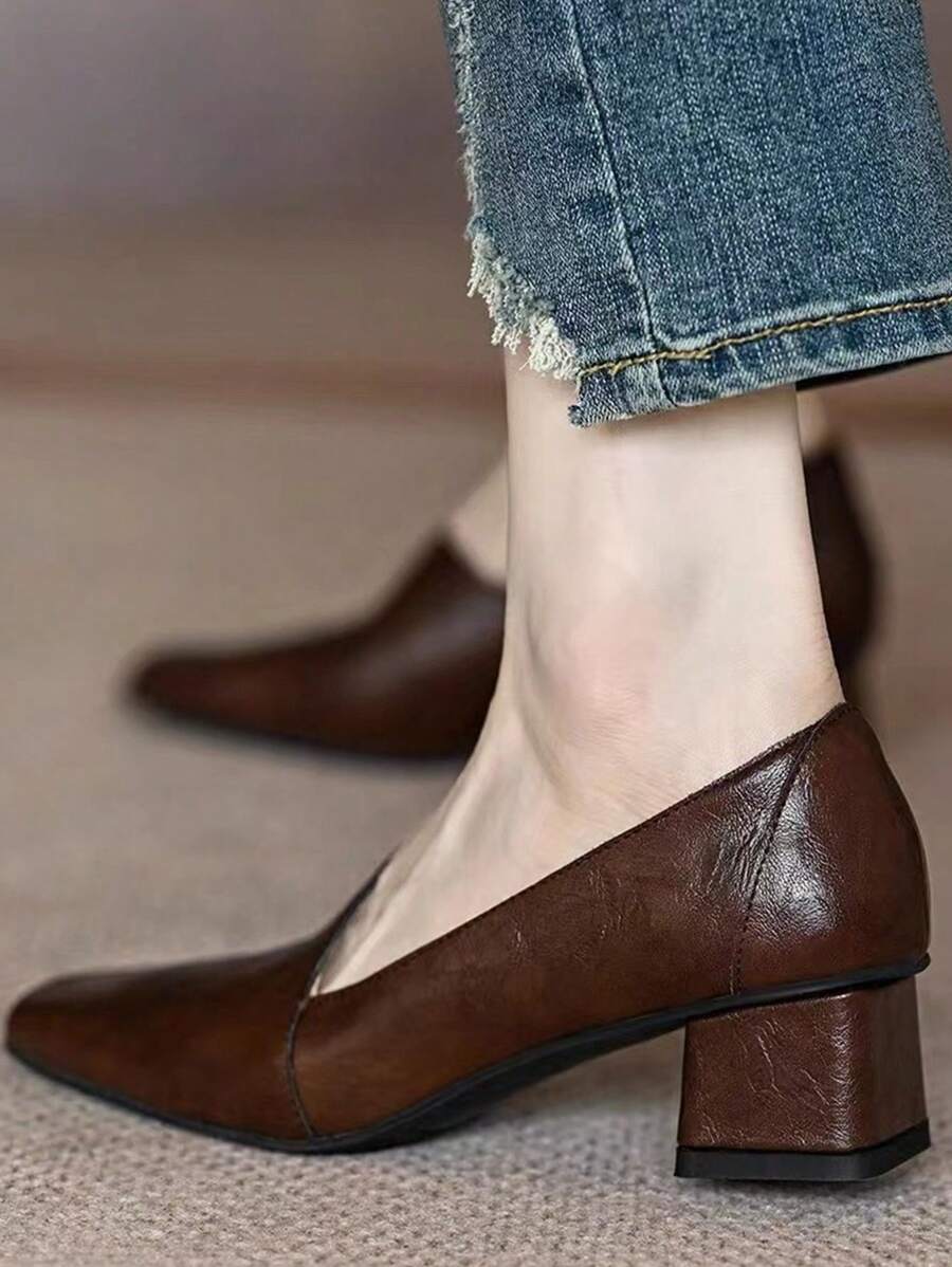 秋冬季女士粗跟时尚百搭优雅高跟鞋，优雅乐福鞋