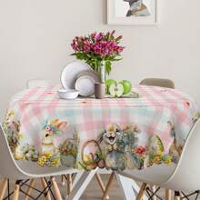 1pc Spring Easter Tablecloth, Blue/Powder Blue, Cute Rabbit, Easter Egg, Floral Print, Simple & Vibrant, Round/Rectangular, Home Tableware, Suitable For Living Room & Kitchen, Holiday Party Decor, Machine Washable