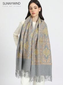 1pc Elegant Vintage Embroidery Pattern Scarf, Suitable For Autumn/Winter - Grey - View 3