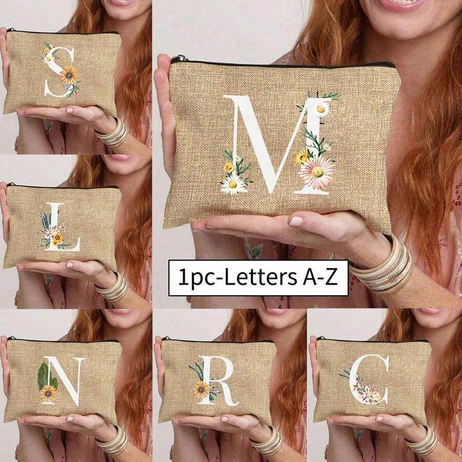 1 件字母 A-Z 花卉印花化妆包，送给女孩的礼物，可爱复古简约时尚字母图案印花包收纳包，用于小物品收纳的化妆品袋，收纳包，化妆品收纳包，洗漱包，手拿包，轻便可折叠收纳包，简易购物袋，教师礼物手拿包，护士、医生、教师包的收纳包，适合个人旅行化妆品收纳，波西米亚风，适合度假海滩、浴室收纳、卧室收纳，大容量 - 卡其色 - 查看 1
