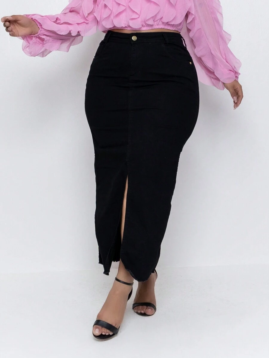 Plus Size Black Midi Jeans Skirt With Slit High Waist Fashion - màu đen - Xem 1