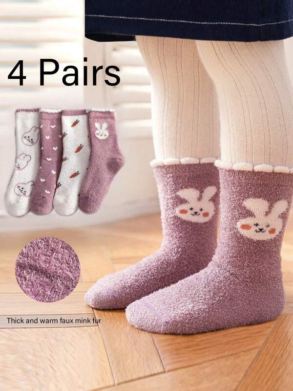 4 Pairs Kids Cartoon Rabbit, Heart, Carrot Pattern Plush Lined Warm Crew Socks, Autumn/Winter