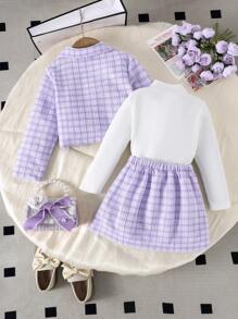 3 pièces Ensemble veste à manches longues, Top à manches longues et jupe plissée avec imprimé style uniforme scolaire élégant pour jeune fille, printemps/automne