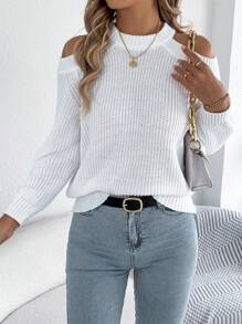 Casual Round Neck Open Shoulder Solid Color Long Sleeve Knit Pullover Sweater, Autumn/Winter - White - View 5