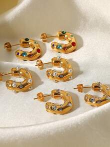 1 Cặp Hoa tai Rhinestone màu sang trọng, Cubic Zirconia kết cấu búa bất đối xứng & Hoa tai hình chữ C trang trí bằng ngọc trai, Quà tặng ngày lễ cho nam và nữ - phong cách ngọc trai - Xem 1