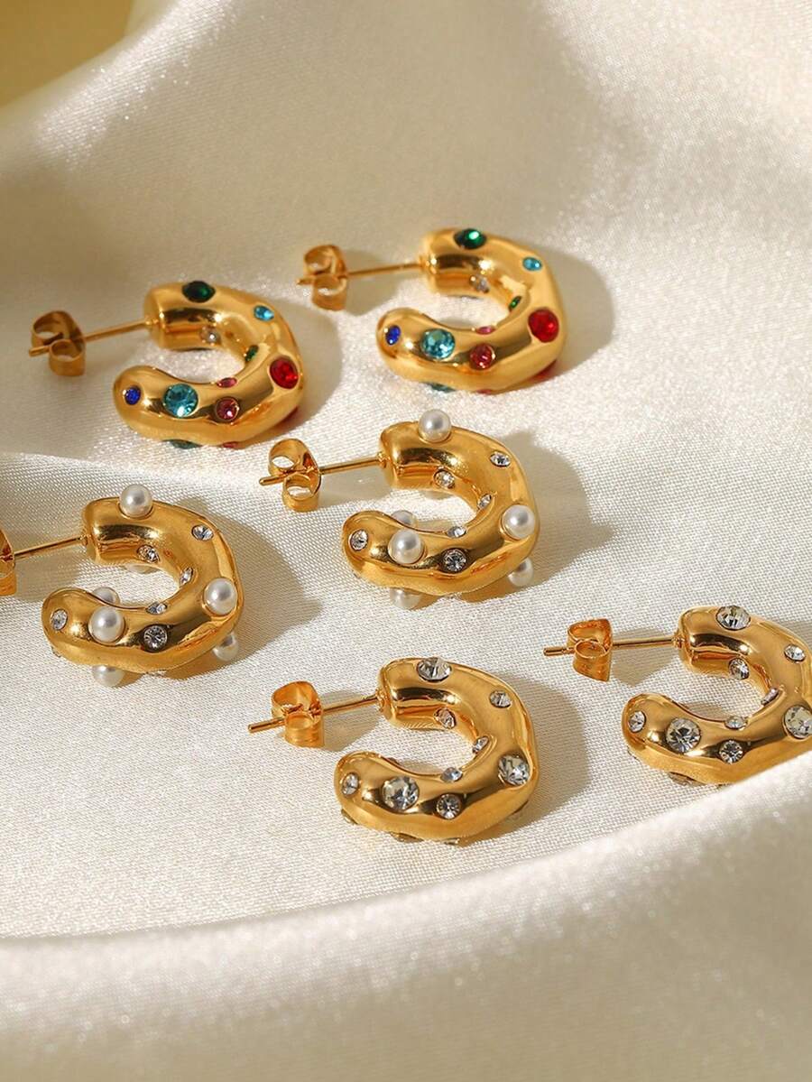 1 Cặp Hoa tai Rhinestone màu sang trọng, Cubic Zirconia kết cấu búa bất đối xứng & Hoa tai hình chữ C trang trí bằng ngọc trai, Quà tặng ngày lễ cho nam và nữ - phong cách ngọc trai - Xem 1