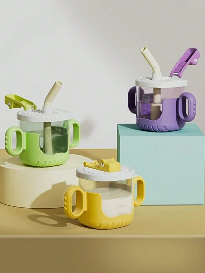 1入組紫色嬰兒學習飲水杯在造型的鱷魚紋,帶圓形手柄,透明和矽膠草編適用於飲用水