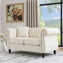 YOGLAD Modern Chesterfield Velvet Sofa, 2-Seater Sofa And 3-Seater Sofa With Curved Backrest Rolled Arm, Upholstered Tufted Backrests With Nailhead Arms And 2 Cushions For Living Room, Bedroom, Apartment, Office - 米色 - 查看 4