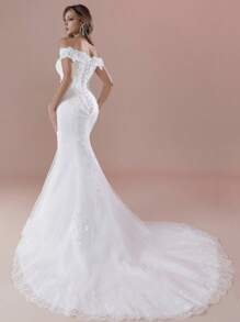 露肩贴花手工串珠美人鱼婚纱优雅新娘礼服