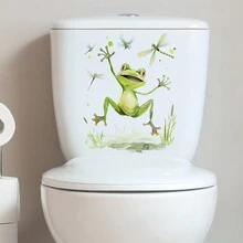 1PC Cute Cartoon Frog And Dragonfly Toilet Sticker Decals, Animal Waterproof Toilet Lid Tank Seat Decals Cistern Self-Adhesive Bathroom Wall Sticker(9.44in*11.81in) - Multicolor - View 3