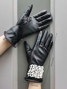 1 Pair Women Solid Color Elegant Polyester (Polyester) Pearl Touchscreen Short Full Finger Gloves, Suitable For Street Party, Date Night, Casual Outings, Festivals, Weddings, College Parties, Mature, Autumn/Winter - A - View 3