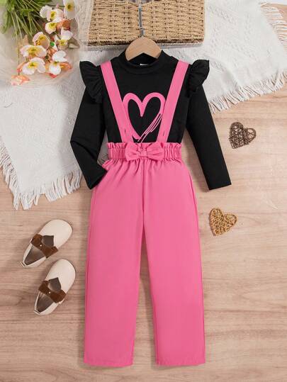 2 件套年轻女孩休闲外出装 - 心形图案印花长袖上衣和蝴蝶结装饰连体裤套装，适合春秋季