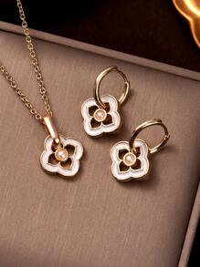 1 套欧美风格复古新中国风珐琅四叶草花卉圆形吊坠耳环链项链优雅女士珠宝 - 彩色 - 查看 1