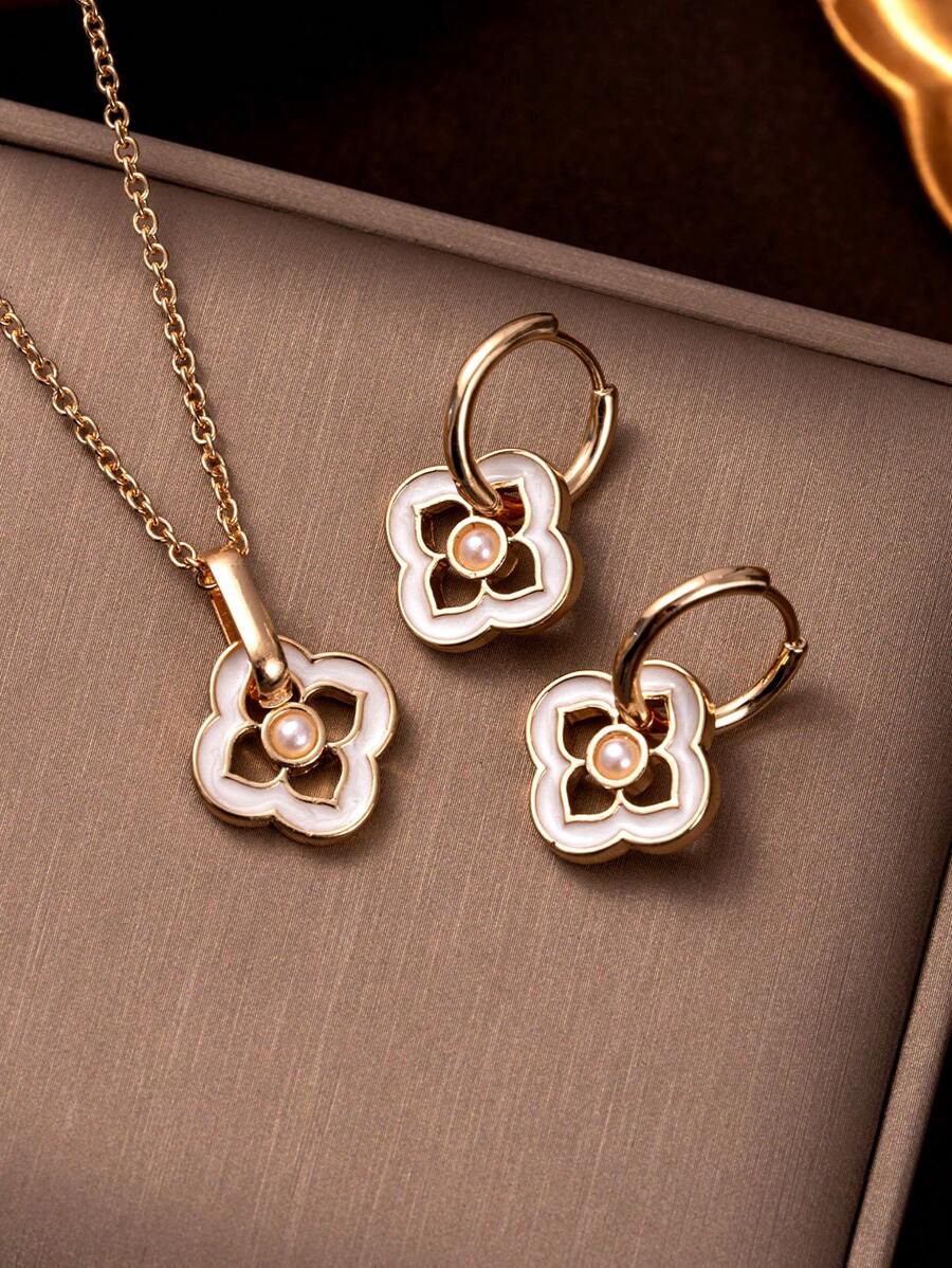 1 套欧美风格复古新中国风珐琅四叶草花卉圆形吊坠耳环链项链优雅女士珠宝 - 彩色 - 查看 1