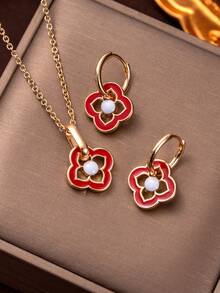 1 套欧美风格复古新中国风珐琅四叶草花卉圆形吊坠耳环链项链优雅女士珠宝 - 彩色 - 查看 3