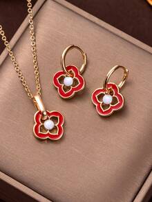 1 套欧美风格复古新中国风珐琅四叶草花卉圆形吊坠耳环链项链优雅女士珠宝 - 彩色 - 查看 4