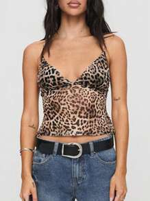 Áo tank top crop dáng ôm, họa tiết da báo cổ điển, cổ chữ V sâu, kiểu dáng mùa hè năng động. - màu nâu - Xem 5