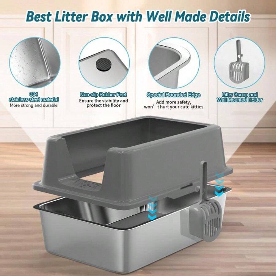 Anyask Enclosed Cat Litter Box Stainless Steel With Lid, XL Extra Large