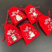 4 件圣诞天鹅绒抽绳礼品袋 - 卡通图案帆布袋，适合派对礼物、婚礼、生日、周年纪念日 - 圣诞节、万圣节、感恩节、一般庆祝活动 - 彩色 - 查看 3