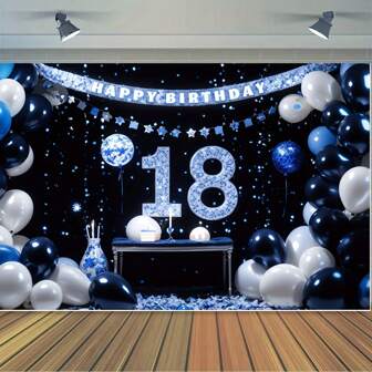 1 st. Grattis på 18-årsdagen bakgrund, banderoll blå svart tema bakgrund med blå ballonger glitter mode födelsedagsfest foto fotorekvisita monter bakgrund firande