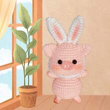 DIY 白兔猪钩针编织套件，适合初学者，配有分步视频教程和文字版插图，易于理解和学习如何使用钩针编织动物套件，适合创意节日和生日礼物 - 粉色 - 查看 3