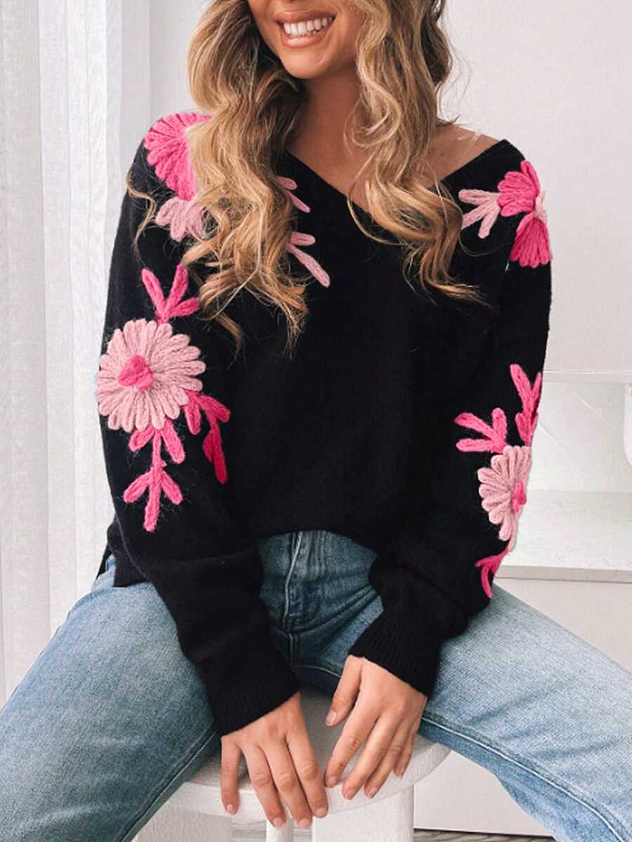 女士花卉钩针 V 领毛衣，秋冬季长袖针织套头衫，时尚针织衫