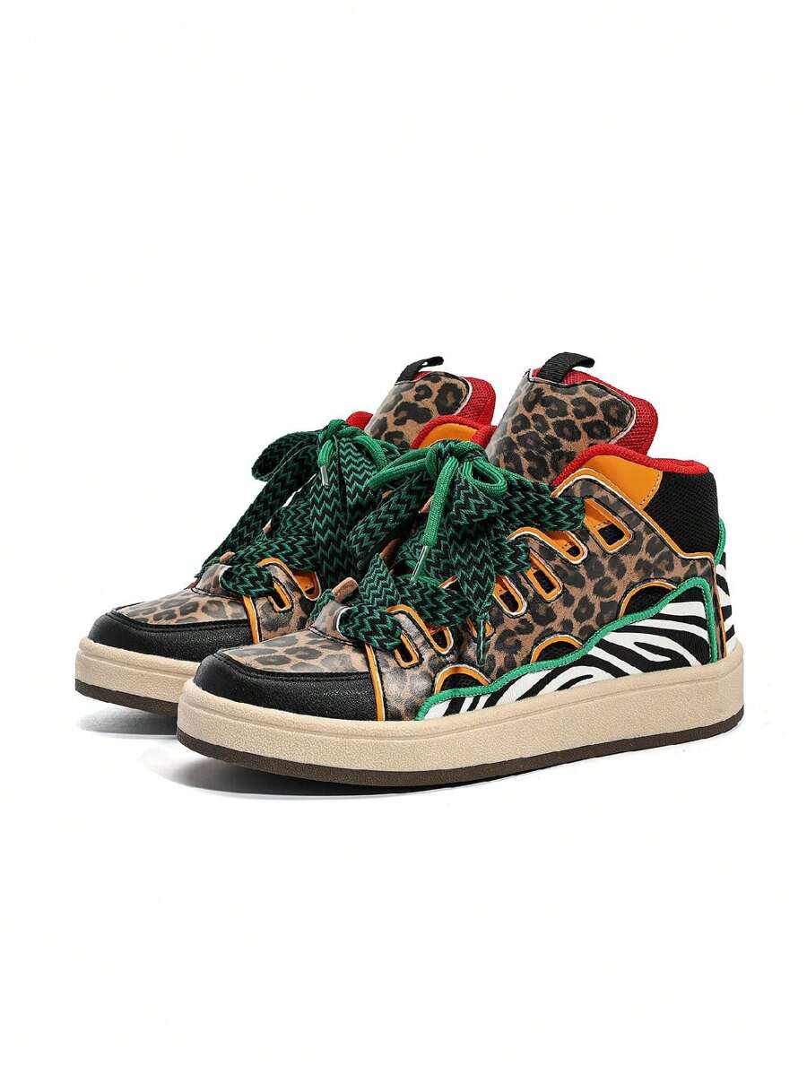 Tênis Casuais de Cano Alto com Estampa de Onça para Outono/Inverno, Sapatos Esportivos Confortáveis e da Moda para Todas as Estações, Plus Size
