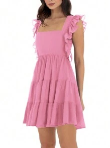 Square Neck Ruffles Frill Sleeveless Crepe Mini Dress Summer Sexy Backless Lace Up Club Wear Party Dresses Cute Streetwear Beach Vacation - Hồng - Xem 4