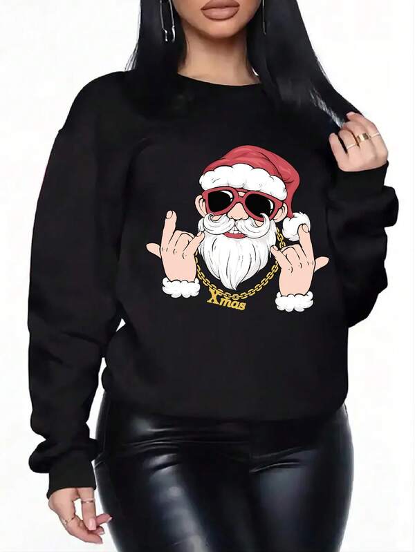 Geeignet für Herbst und Winter, Lässig und bequem schwarzes Oberteil, geeignet für Weihnachtsmann Muster für Frauen