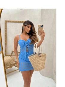 Casual Sleeveless Spaghetti Straps Fishnet Backless Set - 藍色 - 查看 1