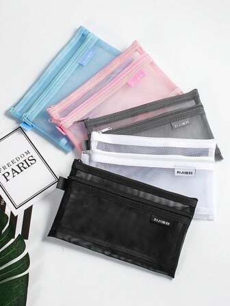 1 件简约纯色网状铅笔盒透明尼龙大容量双层文具袋学生考试专用收纳袋、铅笔袋、书包