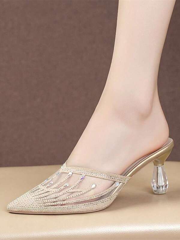 Women's Mesh Rhinestone Embellished Slippers, Elegant & Soft Summer Latest Fashion Pointed Toe High-Heeled Sandals With Transparent Thin Heel, Convenient To Wear & Golden In Color