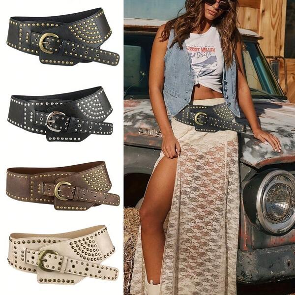 Street Y2k New Retro Rivet Perforated Pu Belt Western Style Fashion Pin Buckle Wide Waist Belt, Punk Belt Halloween
