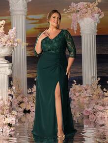 Faeriesty Mosy Plus 3/4袖撞色蕾丝雪纺正式新娘妈妈派对礼服 - 墨綠色 - 查看 5