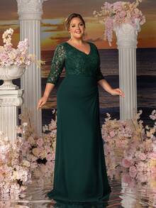 Faeriesty Mosy Plus 3/4袖撞色蕾丝雪纺正式新娘妈妈派对礼服 - 墨綠色 - 查看 9