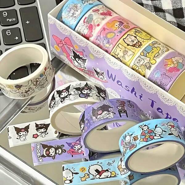 Sanrio Novo conjunto de 10 rolos de fita adesiva Sanrio e papel, livro-razão portátil, adesivos de desenho animado fofo Cinnamoro, material decorativo, presente de Natal