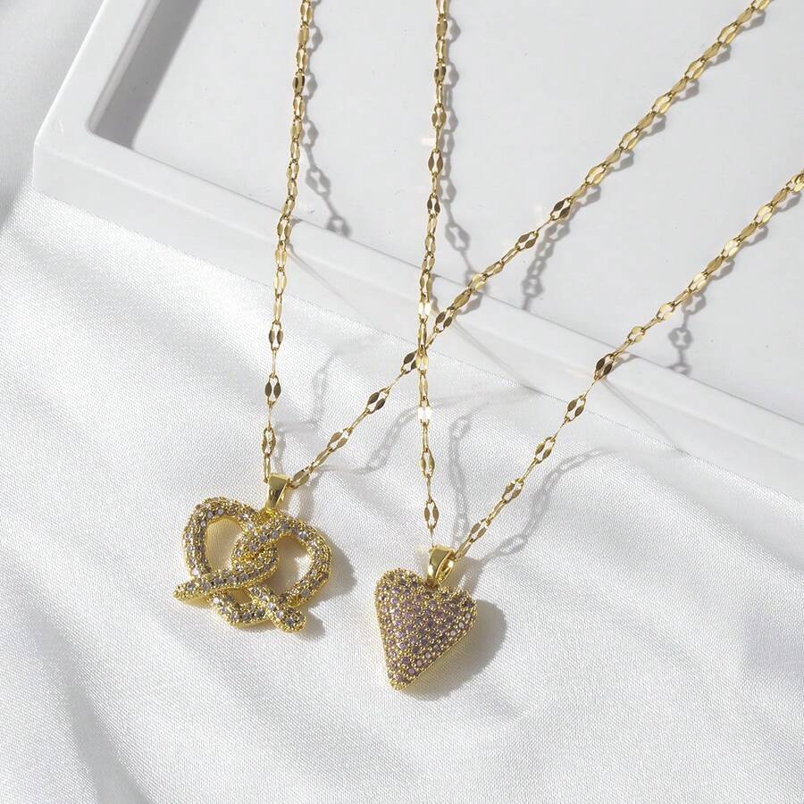 1 chiếc vòng cổ mặt dây chuyền tình yêu bằng vàng 18k mạ đồng tinh xảo đính đá Zirconia thích hợp làm trang phục hàng ngày của phụ nữ và phụ kiện trang sức thời trang làm quà tặng cho bạn bè - Vàng - Xem 1