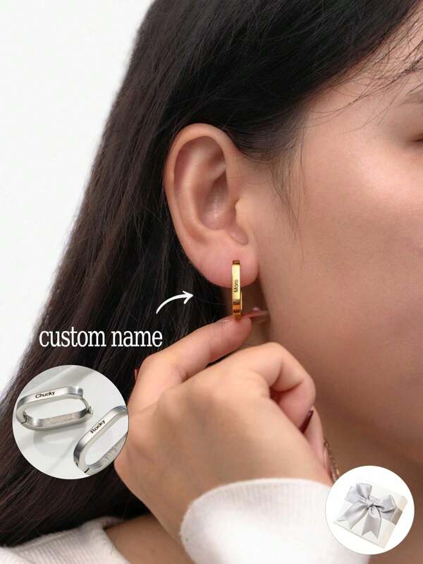 1 par de pendientes minimalistas personalizados con grabado de nombre, pendientes de aro redondos de acero inoxidable, pendientes en forma de U chapados en oro de 18 quilates, regalo de joyería personalizada con letra para la novia, regalo del Día de San Valentín, regalo de Navidad