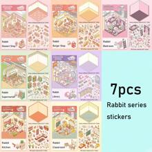 7/4/1 Rabbit Series 3D Decoration DIY Stickers, Manual Stickers, Visual 3D Stacking 3D House Memo Stickers, Paperless 3D Scene Landscape Stickers, Miniature Scene Rabbit Supermarket, Rabbit Kitchen, Rabbit Bedroom, Rabbit Classroom, Rabbit Burger Shop, Rabbit Library, Rabbit Dessert Shop, Scene DIY Free Design Stress Relief Stickers Back To School